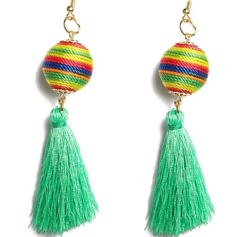 Gold Colorful Green Tassel Earrings